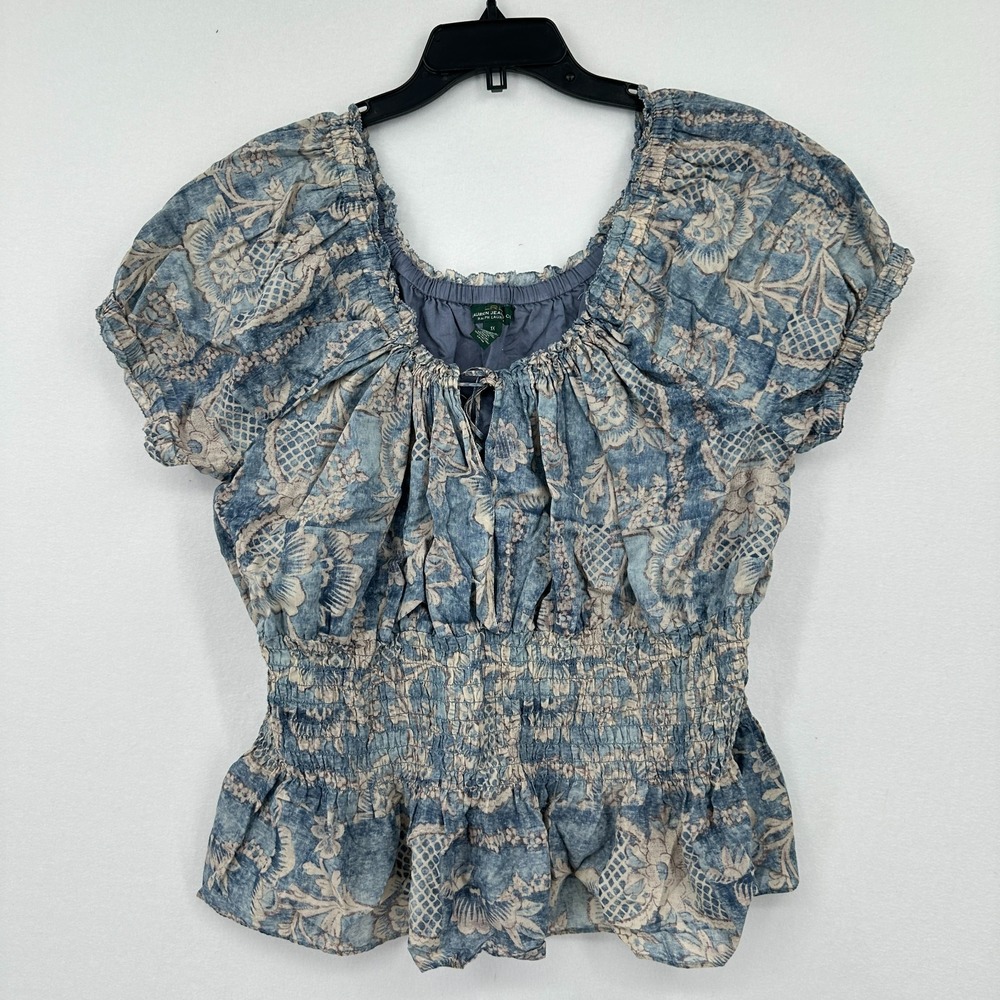 Lauren Ralph Lauren Women's Top Size 1X Blue Floral Smocked Tie Neck Cottagecore